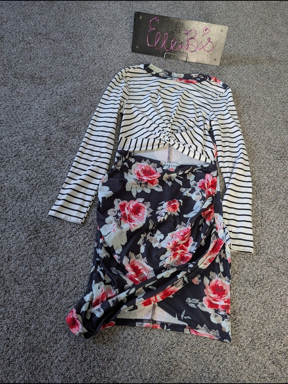 Euc Floral Stripe Front Cut Out Long Sleeve Dress S